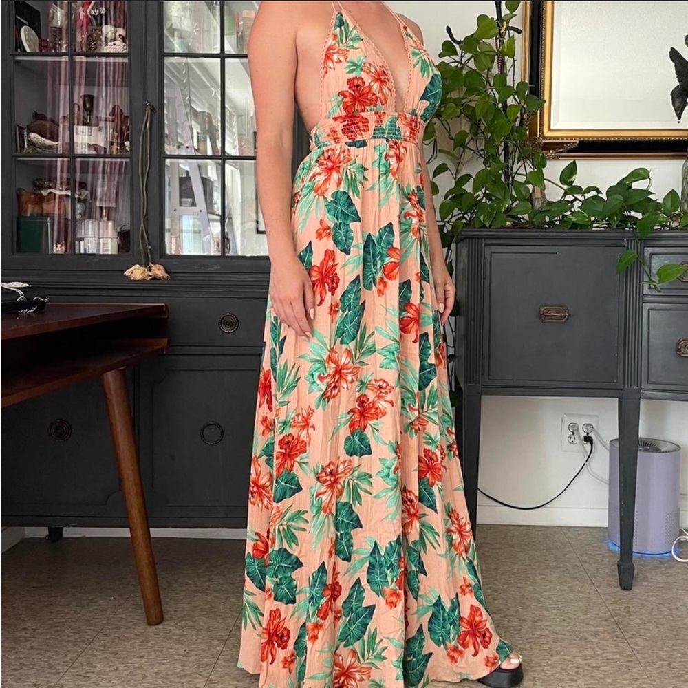 Tropical Floral Maxi Halter Dress